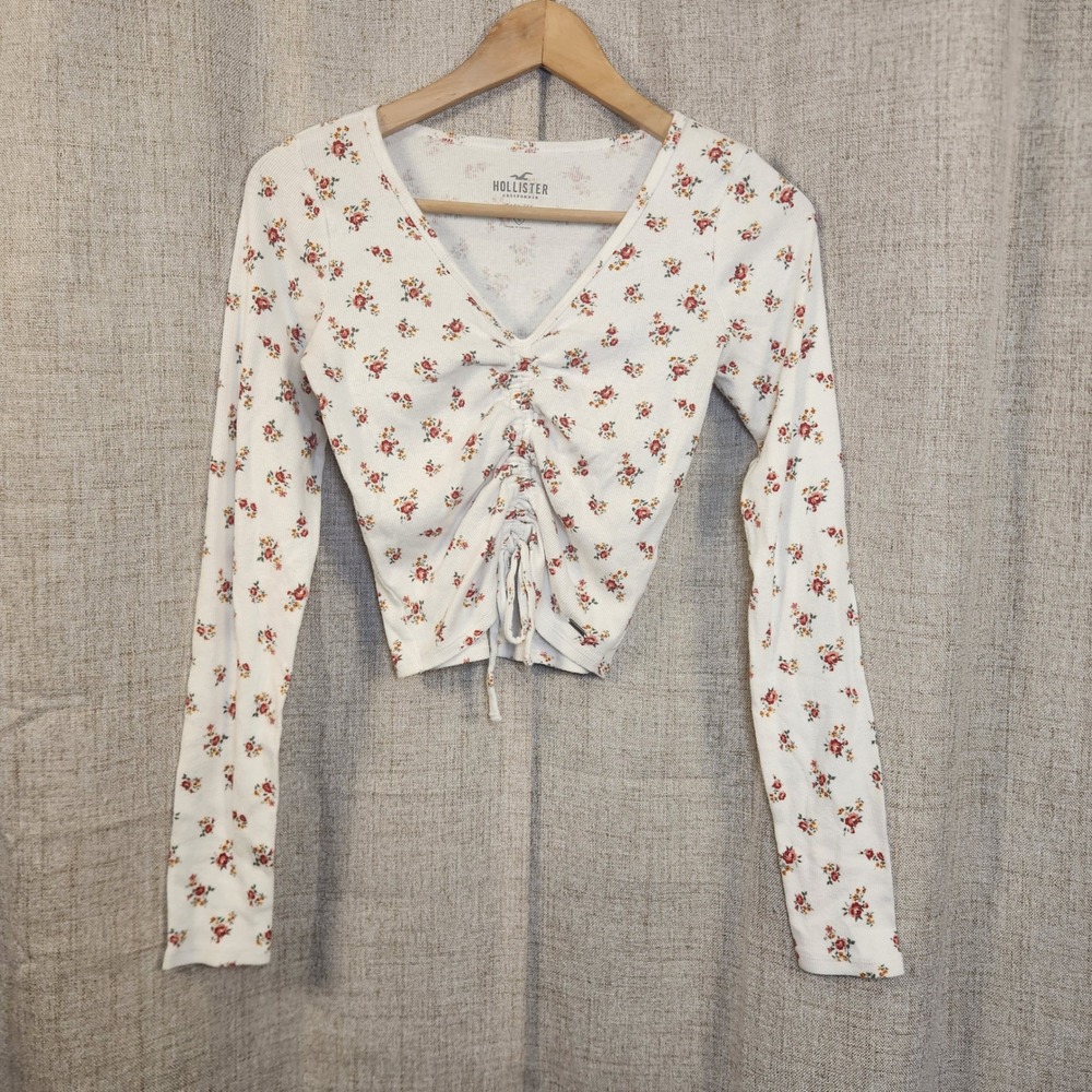 Hollister Long Sleeve‎ Baby Tee Woman's S White Floral Rouched Tie Front Cropped